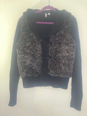 Relativity XL Faux Fur Hooded Cardigan Jacket Black Brown Toggle Front